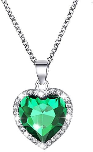 Atentuyi Love Heart Necklace Silver Chain Necklace Birthstone Crystal Necklace Vintage Green Gem Emerald Necklace Dainty Chain Heart Cz Pendant Necklace Jewelry for Women and Girls