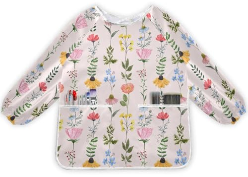 Wildflowers Kids Art Smock Waterproof Artist Painting Aprons Long Sleeve with Pockets for Girls Boys Cooking Baking