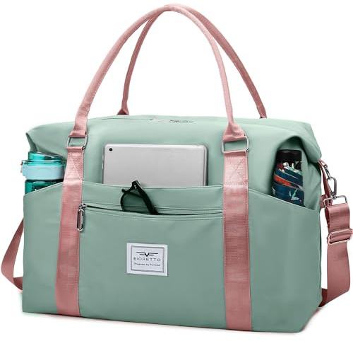 FIORETTO Sac de Voyage pour Femme, Sac de Sport, Sac de Week-end Extensible, Vert et Rose, M
