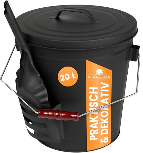BLACK OAK Stromboli Seau à cendres, 20 l, noir, avec couvercle et pelle, étrier argenté, grand, 20 l, en acier galvanisé ignifuge et revêtu par pulvérisation, pour cendres et charbon, accessoires de