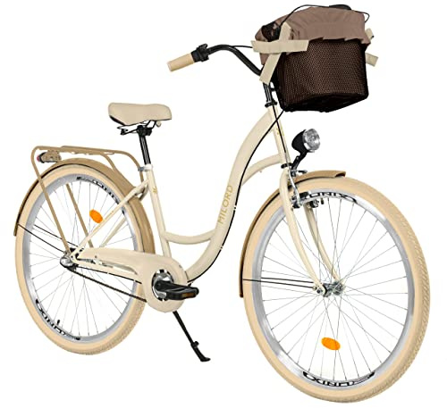 MILORD Damenfahrrad Citybike Komfort Mit Metallkorb Hollandrad Vintage Fahrrad, 26, 28 Zoll, 3-Gang (Creme-Braun, 26 Zoll)