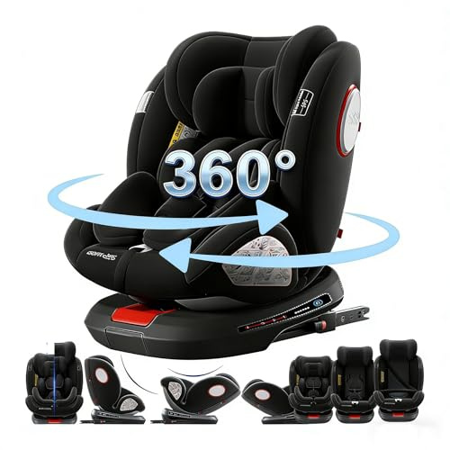 Doraystar Seggiolini Auto Girevoli a 360°: Seggiolini Reclinabili con Poggiatesta Regolabile e Cintura di Sicurezza a 5 Punti, Isofix, Gruppi 0/1/2/3, 0-36 Kg, Certificati ECE R129 (Black)