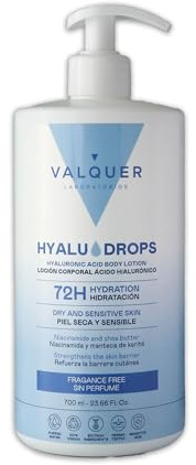 Valquer Hyaludrops Crema Hidratante Corporal Sin Perfume. Loción para Piel Seca y Sensible, Hasta 72 Horas de Hidratación Nutritiva con Ácido Hialurónico, Niaciamida y Manteca de Karité. 700 ml.
