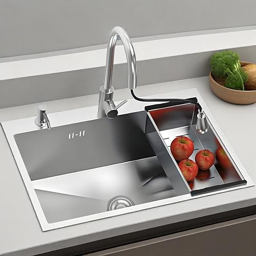 Fregadero Cocina 80 x 50 cm Acero Inoxidable Fregadero 1 seno Bajo Encimera o Sobre Encimera con grifo extraíble para agua caliente y fría y Cesta escurridora Lavabos Cocina Multifunción