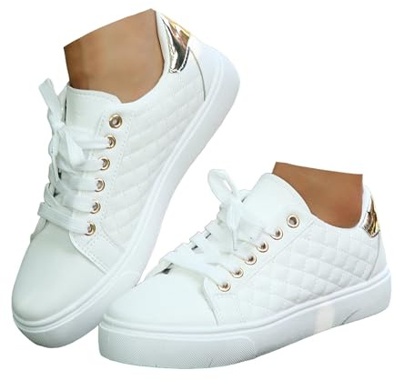 Xbemkste sneakers dam halvskor bekväma fritidsskor eleganta sommarskor platta skor lätta promenadskor snörning sportskor dam löparskor, Vit, 40 EU