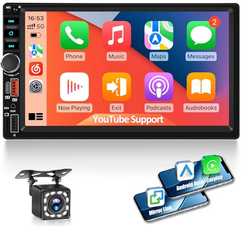 Radio de Coche 2 DIN con Youtube, CarPlay y Android Auto inalámbrico, Autoradio con Pantalla táctil IPS de 7 Pulgadas, Bluetooth, EQ, FM, USB, Type-C, Tarjeta SD, Salida de Video + cámara Trasera