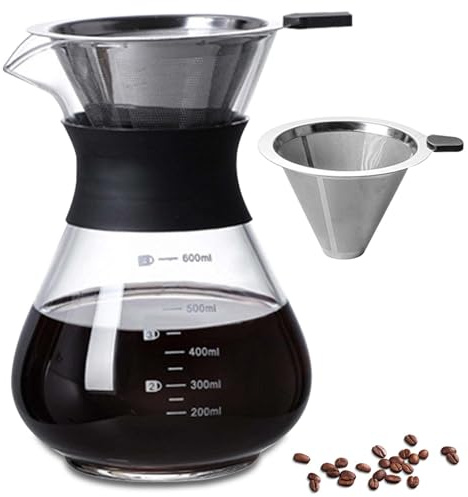 Pour Over - Caffettiera da 600 ml, per caffè con filtro, a mano, in acciaio inox, filtro a mano, in vetro, con filtro permanente, per la casa, il caffetteria, il ristorante e il campeggio, colore nero