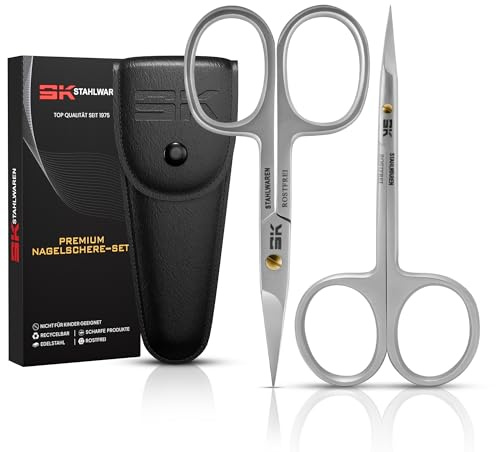 SK STAHLWAREN Set di 2 forbici per cuticole, curve, 9,5 cm e forbici curve per unghie, 9 cm, in acciaio inox antiruggine di alta qualità, adatte per rimuovere la pelle delle unghie e i residui cutanei