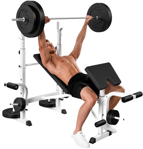 HOMCOM Banco de Musculación Multifuncional Inclinable, Banco de Pesas, Press Banca con Soporte para Barra Ajustable, Extensión de Piernas, Curl de Predicador, Mariposa, Entrenamiento en Casa, Gimnasio