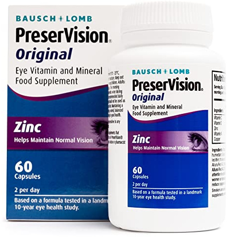 PreserVision Original by Bausch + Lomb, Eye Vitamin and Mineral Food Supplement, Zinc, Copper and Vitamin C, E and A, Two Eye Supplement Soft Gel Capsules per Day