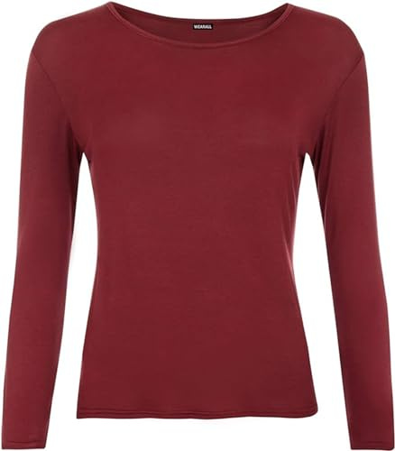 New Ladies Plain Stretch Fit Long Sleeve Womens T-Shirt Round Neck Basic Top Burgundy Size 12-14