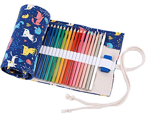 Amoyie Colouring Pencil Case 72 Slots, Roll Up Pen Holder, Pencil Wrap Blue | Cat, Canvas Organiser Bag for Coloured Pen, Foldable Carrier for School, Outdoor Sketch, Artist Storage Bags, Large Capacity