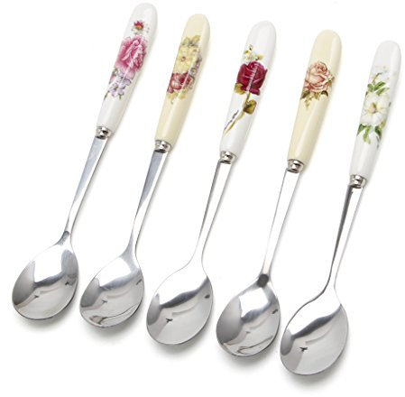 SimpleLife Ceramic Handle Spoon Stainless Steel Teaspoons | Rust Resistant | For Dessert Sundaes Ice Creams Lattes and Coffee Random Color (1 Piece)