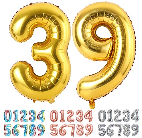 Ponmoo Foil Balloon Number 39/93 Gold, Giant Numbers 0 1 2 3 4 5 6 7 8 9 10-19 20-29 30-39 40-49 50-60-70-80-90-100, Large Balloons for Wedding Anniversary Birthday Party Decoration