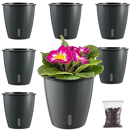 Planterhoma 5 Inch Self Watering Pots for Indoor Plants, 6 Packs African Violet Pots with Indicator, Black Wick Pot with Drainage Holes, Self Watering Planters for Orchid, Devil's Ivy, Grey