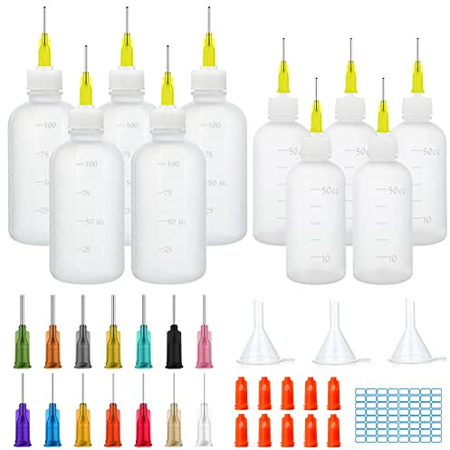 cersaty®10 STK Nadelflaschen, 50ml/100ml Applicator Bottle mit 14 Nadel 10 Stopfen 3 Trichter 1 Etikett für DIY,Basteln,Acrylmalerei,Leime,Gleitmittel