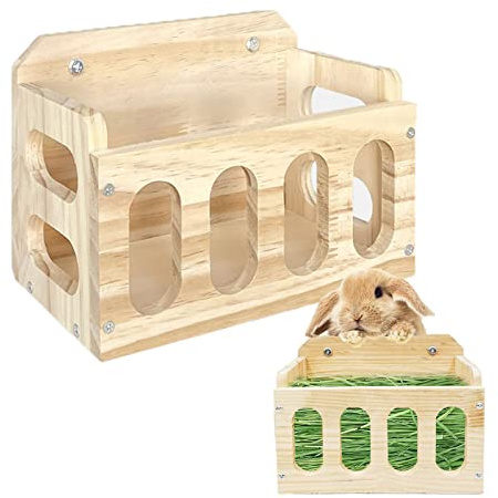 WEWAYKGJ Rabbit Hay Feeder Wooden Hay Rack Guinea Pig Hay Holder Less Wasted Hanging Hay Feeder for Bunny Chinchillas Guinea Pig Small Animal Supplies