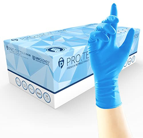 UNIGLOVES PRO.TECT Blue Blue XHD+ GA0103 - Guantes desechables multiusos, sin polvo y sin látex, tamaño mediano, caja de 50 guantes