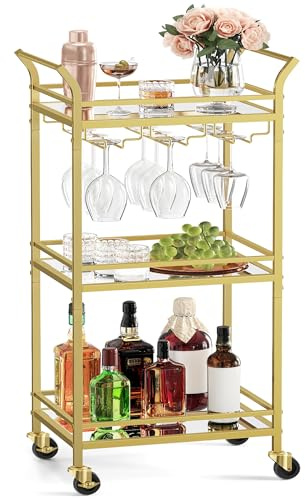VASAGLE Bar Cart, Home Bar Serving Cart, Small Bar Serving Cart with 3-Tier Shelf, Wine Holders, Glass Holders, Mini Bar Cart for Small Spaces, Kitchen, Dining Room, Living Room, Pale Gold