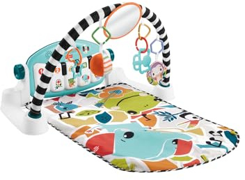 Fisher-Price Kontrast Kick & Play Pianospieldecke für Babys, Spielspaß Pianospieldecke, tragbares Musikspielzeug mit Smart-Stages-Lerninhalten, ab 0 Monaten, blau, französische Version, HWY56
