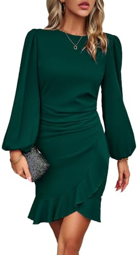 RPAEOY Robe Femme Manches Longues à Ourlet Volanté Elegant Bodycon Sexy Chic Crayon Midi Robe pour Soirée Cocktail Travail Automne Vert L