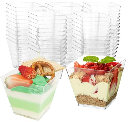 50-pack 207 ml fyrkantiga klara efterrättskoppar, återanvändbara mini efterrättskoppar, serveringskoppar för fingermat mousse, puddding fest efterrätter fars dag Thanksgiving jul