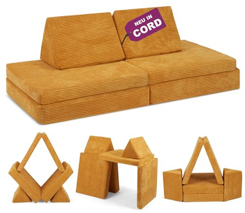 Linodino® Spielsofa Cord | Kindersofa aus Schaumstoff Bausteine - Spielsofa für Kinder & Kuschelecke im Kinderzimmer | Kindercouch | Oeko-TEX 100 Zertifiziert | Gänseblümchen Gelb