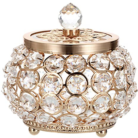 TOLIDA Small Crystal Glass Jewelry Box - Drum-shaped Trinket Storage Organizer Gift Case with Lid, Keepsake Container For Earrings Rings Jewelry Treasure Trinkets (Gold)