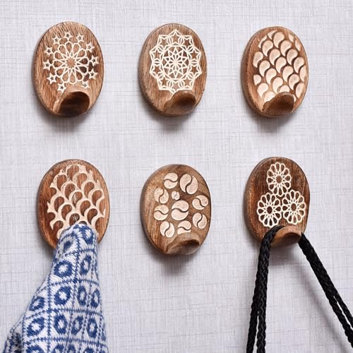 Indian Shelf 6 Lb Decorative Wood Adhesive Wall Hooks–Boho Peel and Stick Hooks for Keys, Hats, Towels, Bags & Entryway Decor, Self Adhesive Wall Mounted Hooks for Home Organization -6 Pieces