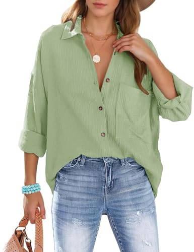 Xnova Chemisier Oversize Femme à Manches Longues, Décontractée Coton Blouse Top avec Poche, T-Shirt Col en V Chic et Élégant Chemise Ample à Boutons(Vert, M)