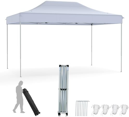 HOMASIS Gazebo da Giardino Pieghevole 300 x 445 CM, Tenda Pop up Impermeabile con 3 Regolazioni di Altezza, Protezione UV con Borsa Trasporto a Rotelle, Gazebo per Camping, Spiaggia, Feste (Bianco)