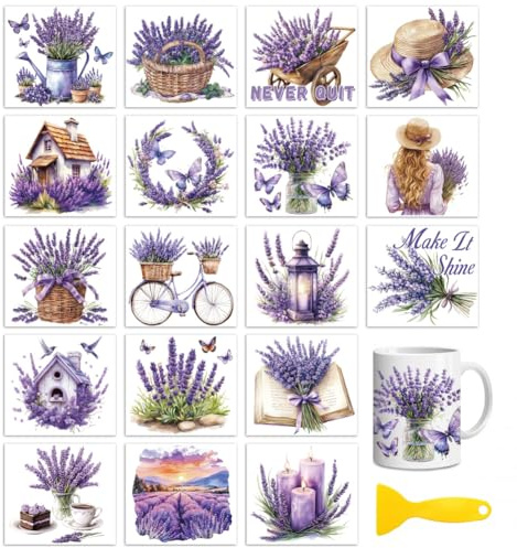 Peacoblue Lavender Rub On Transfers for Craft, Transfer Sticker | 18 Sheets UV DTF Transfers, Waterproof Rub On Decals for Wood, Glass, Furniture, Tumblers & Home Decor Crafts