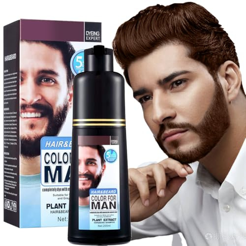 Champú 3 en 1 para teñir la barba y el cabello de los hombres - Coloración herbal de larga duración para canas, bigote y barba en minutos, 6,76 fl oz (Dark Brown)
