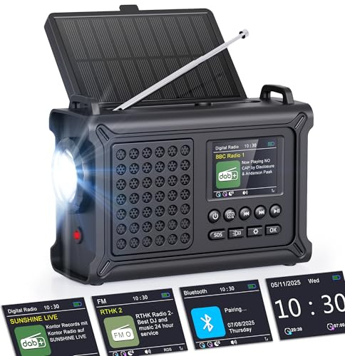 ROCAM Radio d'urgence Dab+/FM avec Bluetooth, Radio Numérique Portable 12000mAh avec Panneau Solaire 8500mm² & Manivelle 650mA, Écran Couleur 2,4, 80 Stations, SOS, Lampe LED, USB, IPX6 pour Camping