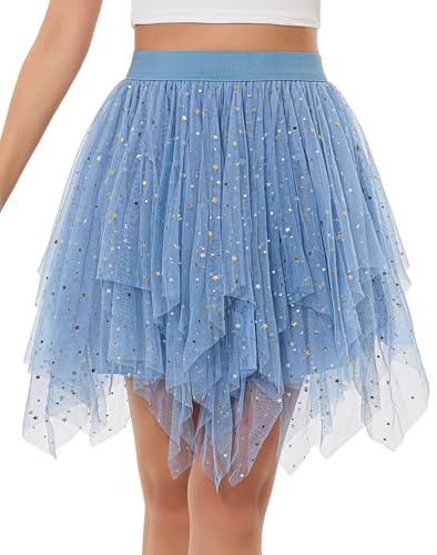Lovasy Gonna Tulle Donna Paillettes Corta Gonne Irregolare in Tulle Plissettate Gonne Tutu a Strati Gonna in Rete Elegante per Carnevale Halloween Natale Party Prom,A-Blu,S/M