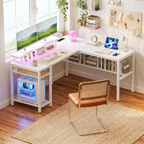 Homieasy Bureau Gaming d’Angle 141x117cm Réversible LED et Prises