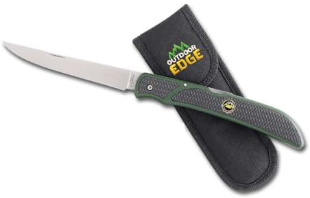 OUTDOOR EDGE Fish & Bone - Folding Fillet Knife with 5.0 440A Stainless Steel Blade for Fish and processing big game - Pocket Clip (Green/Black)