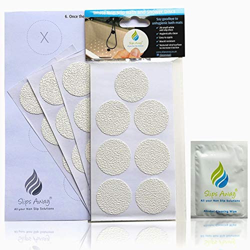 Non Slip Bath Stickers - FREE FITTING TEMPLATE & BATH DEGREASER INCLUDED - Modern Alternative to a Rubber Suction Mat - Textured Adhesive Anti Skid - 28x WHITE Discs - SLIPS AWAY®