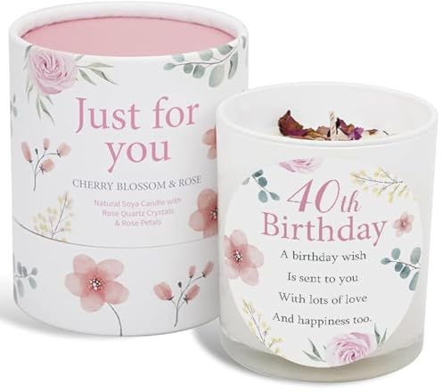 40th Birthday Candle Makes a Great Gift for 40th Birthday Gifts - Ideal for Fortieth Birthday Gift SOYA Candle with Rose Quartz and Rose Petals