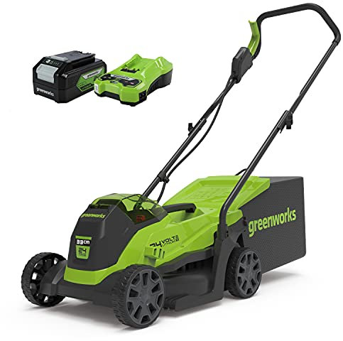 Greenworks Cordless Lawnmower 24V 33cm Incl. Battery 4Ah and Charger, Up to 300m² Mulching 30L 5-Level Cutting Height GD24LM33K4