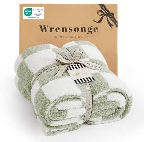 WRENSONGE Checkered Throw Blanket, Sage Green Soft Cozy Fluffy Hand Made Throw Blankets for Couch, Sofa, Chair, Bed, Camping, Picnic, Travel Lightweight Bed Blankets for Women Mothers Birthday Gifts