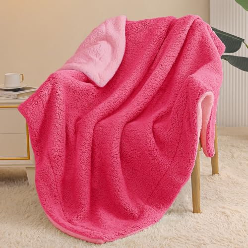 Exclusivo Mezcla Reversible Sherpa Fleece Throw Blanket for Couch, Thick and Warm Blankets for Winter, Soft Plush Fluffy, 127x152 CM, Hot Pink/Light Pink