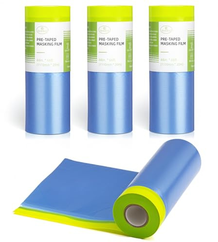 Tangibay Pre-Taped Masking Film for Painting - 44 x 66' Painters Plastic Sheeting with Automotive Paint Tape and Drape for Covering Cars, Walls, Windows and Furniture Protection (4 Rolls)