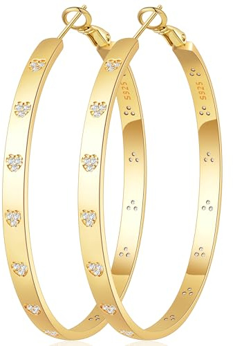 Orecchini a cerchio in argento sterling BMMYE da donna, orecchini a cerchio in oro con zirconi cubici a forma di cuore, orecchini a cerchio grandi (50 mm)