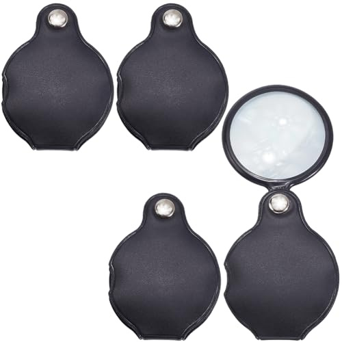 SOFPLATE 4Pcs 5X Leather Pocket Magnifying Glass Folding Reading Magnifier Black Imitation Leather Cover Flat Round Small Rotating Lens Tools for Book Magazine Reading Jewelry Inspection Collector