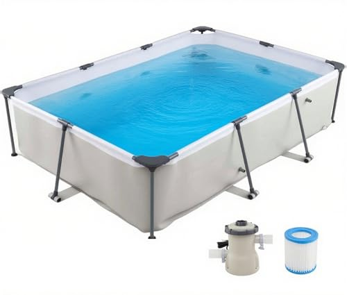 RELAX4LIFE Piscina Desmontable Rectangular 3701L con Estructura Metálica Revestida, Paredes PVC de 3 Capas, Depuradora y Bomba para 3-5 Personas, Piscina Rectangular para Niños, Montaje Rápido (Gris)