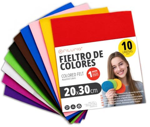 OFITURIA Feltro Colorato per Artigianato, Fai-da-te, Progetti Scolastici, Scrapbooking, Cucito Creativo e Decorazioni 20x30cm (Assortito, 10 pz)
