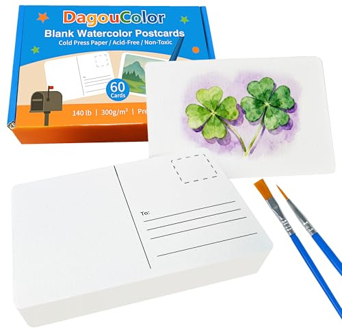 DagouColor Aquarell Postkarten, 60 Blatt, 4x6, 140lb/300gsm, Aquarell Papier Karten für Aquarell-Tagebuch, Säurefreies, Schweres Kunstpapier für Dankeskarten und Grußkarten