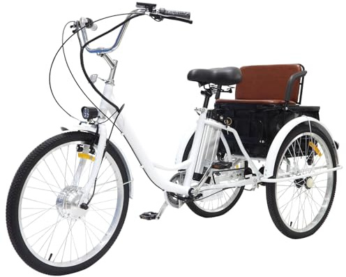 Triciclo elettrico per adulti 24 pollici con batteria al litio da 36V 12Ah e cestino multifunzionale nel sedile posteriore, portata massima 150 kg, assistenza umana, assistenza motore (WHITE)