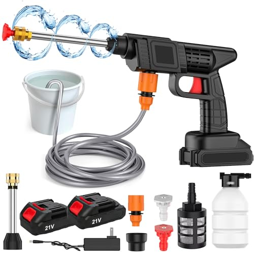 Nettoyeur Haute Pression sans Fil 80 Bar - 2 Batteries Incluses, Buse 6 en 1 Réglable et Tuyau 5m - pour Voiture, Jardin, Terrasse, Fenêtres (Noir- Comprend 2 Batterie)